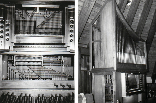 Links Innenansicht der Orgel, rechts Orgel von außen