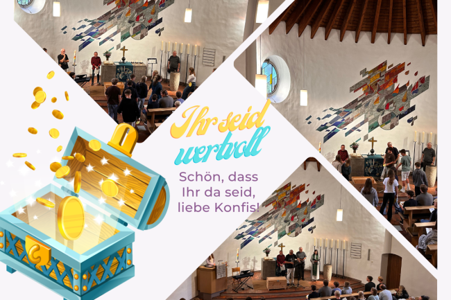 Schatztruhe mit Goldtalerregen und Konfis im Gottesdienst